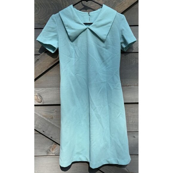 Vintage Georgia Griff 1960s Textured Baby Blue Shift Dress Oversized Collar - Picture 1 of 7